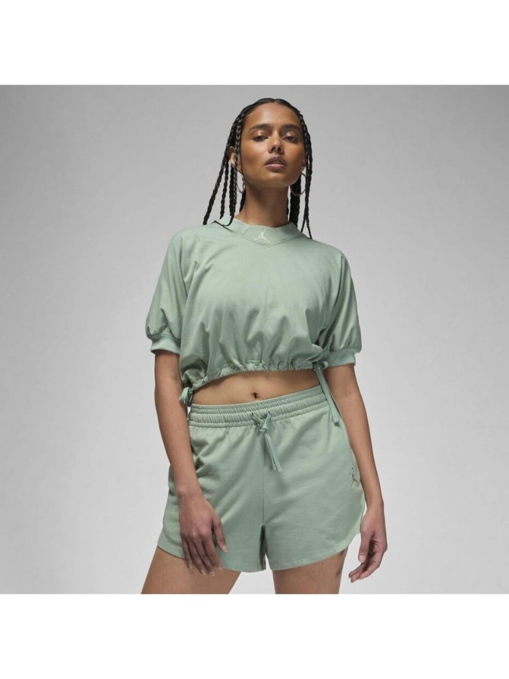 Jordan Essentials Cropped V-Neck Top Sage Green Embroidered Jumpman Womens XL